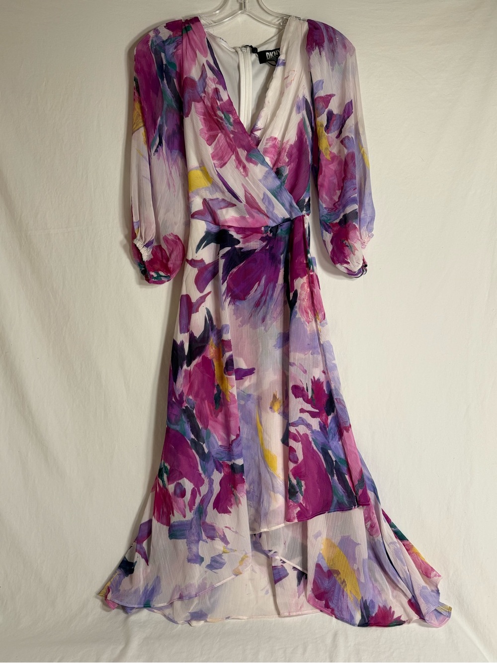 DKNY Floral Wrap High-Low Dress in Pink, Purple & Yellow